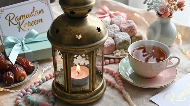 Celebrating Ramadan Kareem with a serene flat lay featuring lantern, tea, and dates on a decorated table