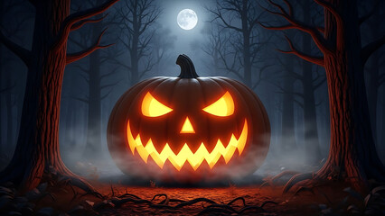 Spooky carved pumpkin jack-o'-lantern glowing with an eerie orange light in a dark, misty forest, setting a terrifying Halloween atmosphere.