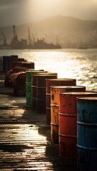 Fototapeta premium Oil Barrels at Coastal Terminal with Dramatic Sunlight and Hazy Ocean Background