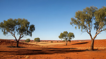 Naklejka premium Australian outback landscape with red sand dunes and eucalyptus trees under clear blue sky