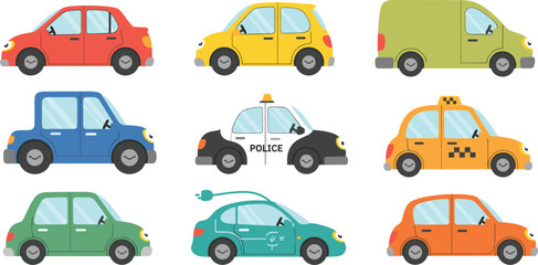 Set of cute cartoon city vehicles including police car taxi electric car and delivery van vector illustration for kids educational transport theme © Hosneara