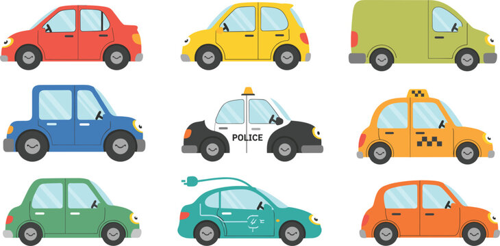 Set of cute cartoon city vehicles including police car taxi electric car and delivery van vector illustration for kids educational transport theme