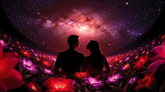Silhouetted couple gazing in a vibrant glowing flower field under a dazzling starry cosmic sky, perfect for romantic fantasy, serene love stories, and magical cinematic themes or intimate...