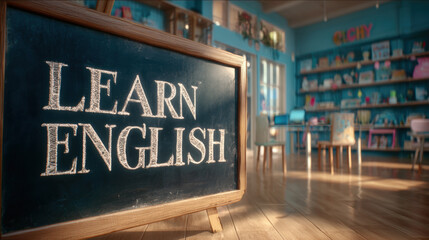 Chalkboard with "Learn English" in Bright Classroom Setting