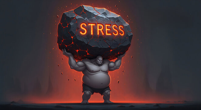 Weight of stress symbolized by a large rock being held by a strong figure