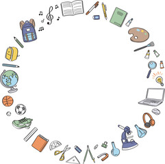学校生活の文房具や学用品　線画イラストの丸フレーム