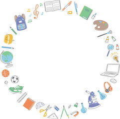 学校生活の文房具や学用品　イラストの丸フレーム