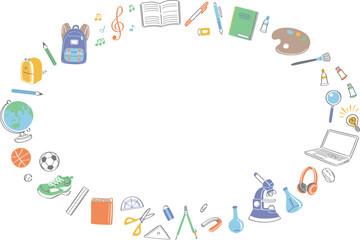 学校生活の文房具や学用品　イラストの丸フレーム　横長