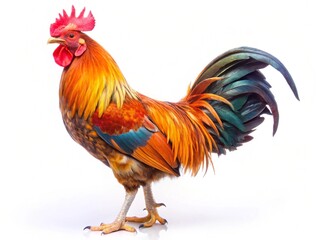 Vibrant rooster standing on white background