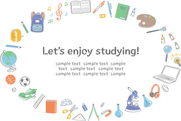 学校生活の文房具や学用品　イラストの丸フレーム　横長