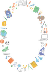 学校生活の文房具や学用品　イラストの丸フレーム　縦長