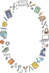 学校生活の文房具や学用品　線画イラストの丸フレーム　縦長