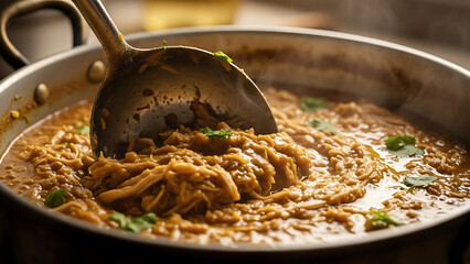 Close-up shot of a steaming bowl of savory Indian curry being served with a ladle, filled with shredded chicken and garnished with fresh cilantro.