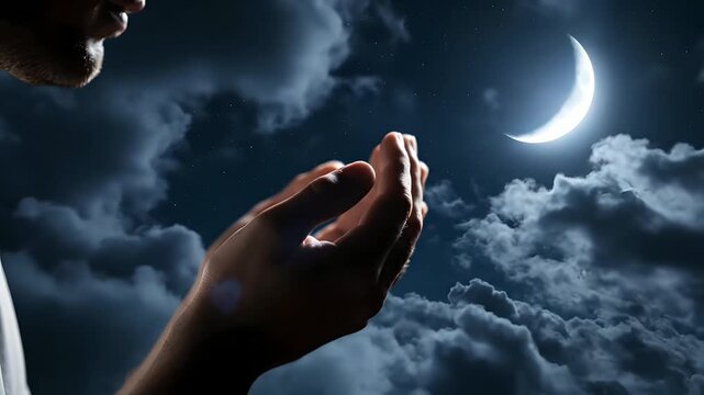 Man praying under a crescent moonlit night sky with dramatic moving clouds, hands raised in spiritual supplication. Ideal for themes of faith, hope, worship, Ramadan, and religious devotion.