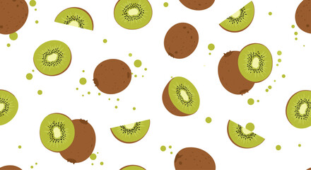 Refreshing seamless pattern featuring whole and sliced kiwi fruits with small green splatters on a clean white background.