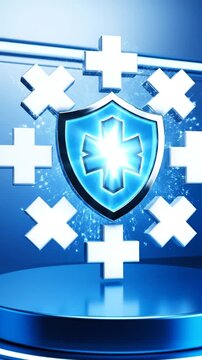 Medical shield with crosses on blue podium in background with glowing light