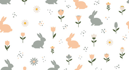 Minimalist seamless pattern featuring peach and grey rabbit silhouettes surrounded by simple flowers and dots on a clean white background design.