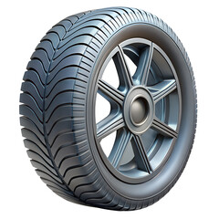 Obraz premium Detailed close up of a modern metallic automobile tire and custom alloy wheel assembly featuring stylized tread patterns on transparent background