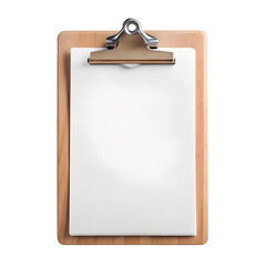 Realistic wooden clipboard with blank white paper secured by a shiny silver metal clip for writing notes or documents on transparent background