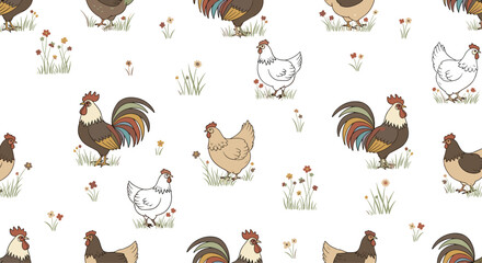 Farmhouse style seamless pattern with colorful roosters, hens, and wildflowers in a meadow on a white background for rustic interior decor use.
