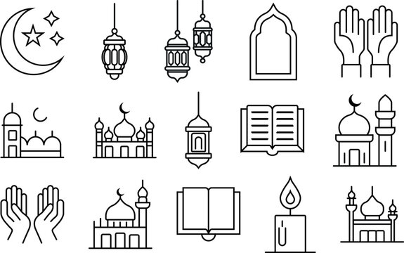 Ramadan Decorations & Symbols Icon Bundle Mosque, Lantern, Crescent Moon, Prayer Symbols