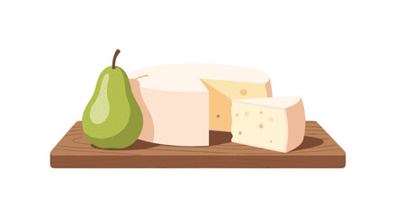 Rustic food board holding a large round cheese wheel with a slice removed alongside a fresh green pear for a sophisticated snack concept.