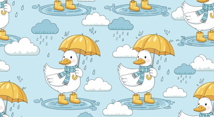 Cheerful seamless pattern of white ducks wearing blue scarves and yellow boots walking with umbrellas in the rain among soft blue clouds.