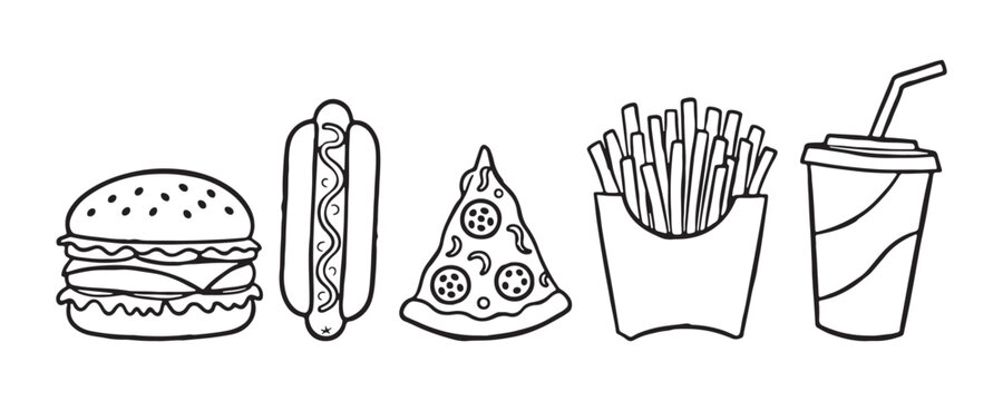 Minimalist black and white line art illustration of classic fast food items including hamburger and pepperoni pizza