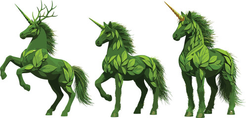Obraz premium Set of Three Mythical Unicorn Illustrations Crafted from Green Leaves Featuring Nature Inspired Fantasy Creatures for Organic Eco Friendly Branding