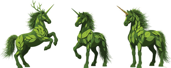 Obraz premium Set of Three Mythical Unicorn Illustrations Crafted from Green Leaves Featuring Nature Inspired Fantasy Creatures for Organic Eco Friendly Branding