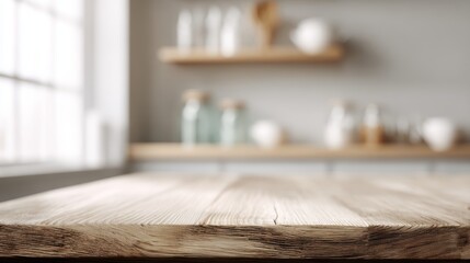 empty wooden table with blurred kitchen interior background, soft natural light, product display mockup