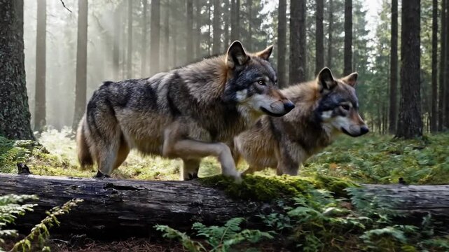 Two wolves walking in a sunlit forest on mossy ground