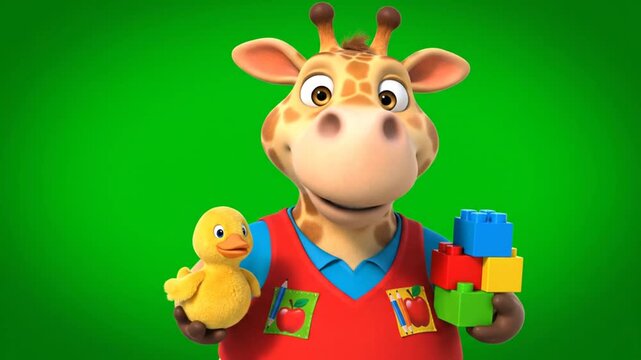 Colorful cartoon giraffe character holding building blocks and a rubber duck in front of a vibrant green background for children entertainment