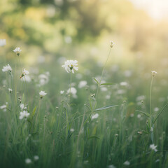 Soft focus meadow with delicate white daisies and green grass bathed in warm sunlight, evoking a peaceful and natural spring scene.