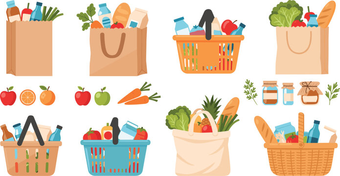 Large collection of grocery shopping bags and baskets filled with fresh vegetables fruits bread and milk isolated on white background flat vector.