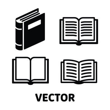 Black and white illustration depicting various open and closed books