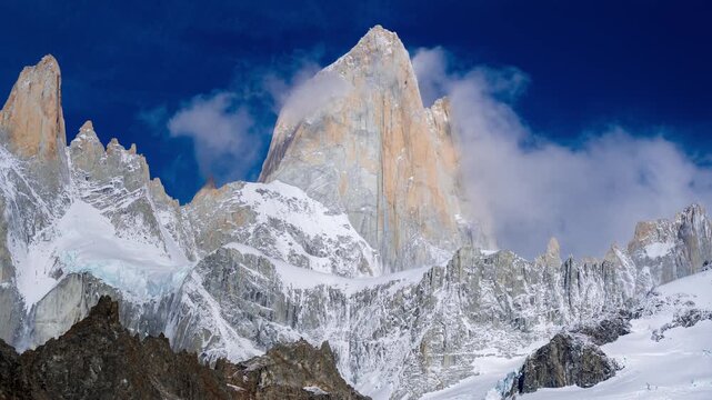Timelapse of Mount Fitz Roy (Cerro Chalt&eacute;n) with fast-moving lenticular clouds, Patagonia, Argentina