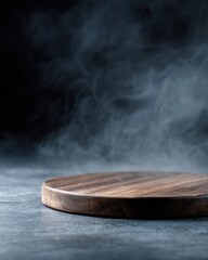 empty round wooden cutting board with smoke on dark background, cinematic food mockup