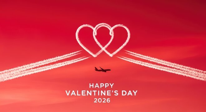 Airplane trails form two hearts above a jetliner on red sky