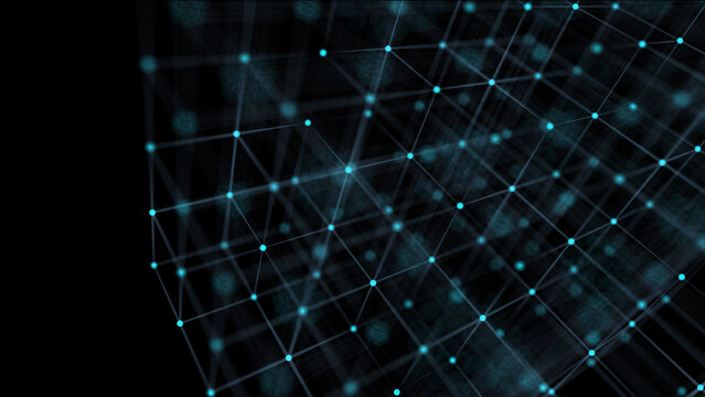 Digital communication matrix. Cubic space. Information flows. Technological basis of neural networks. 3D rendering.