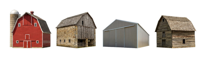 Four distinct barns showcase diverse architectural styles and materials, representing various eras of agricultural construction and rural heritage.