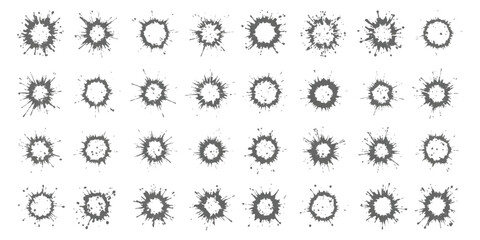 A collection of grey ink splatters and splashes isolated on a white background