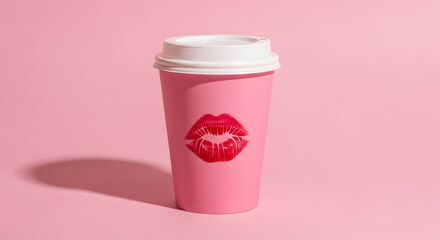 Pink Paper Coffee Cup with Latte Art and Lipstick Kiss Mark