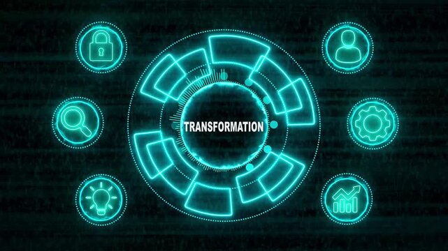 Glowing Neon line TRANSFORMATION  business and technology concept. Financial success concept on virtual screen. Business, Technology, Internet and networking concept. 4k video noise background. 