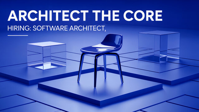 High-end 3D recruitment ad with cobalt blue designer stool for software architect