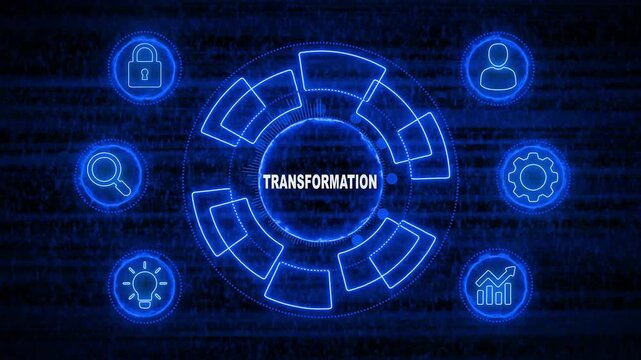 Glowing Neon line TRANSFORMATION  business and technology concept. Financial success concept on virtual screen. Business, Technology, Internet and networking concept. 4k video noise background. 
