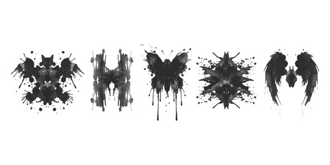 Five abstract black inkblot symmetrical designs in rorschach test style collection on white background vector illustration © GraphixEra