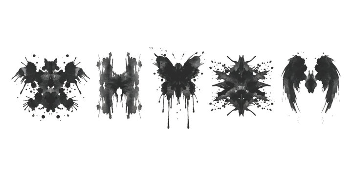 Five abstract black inkblot symmetrical designs in rorschach test style collection on white background vector illustration