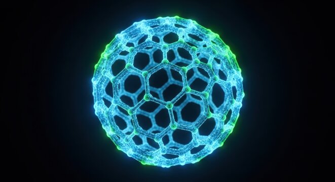 Abstract visualization of a glowing nanosphere structure, representing advanced engineering and microscopic technology research, development, innovation, structure