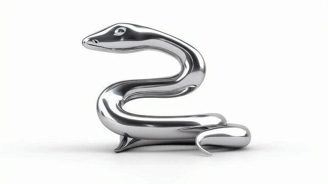 Shiny Silver Snake Sculpture on White Background.